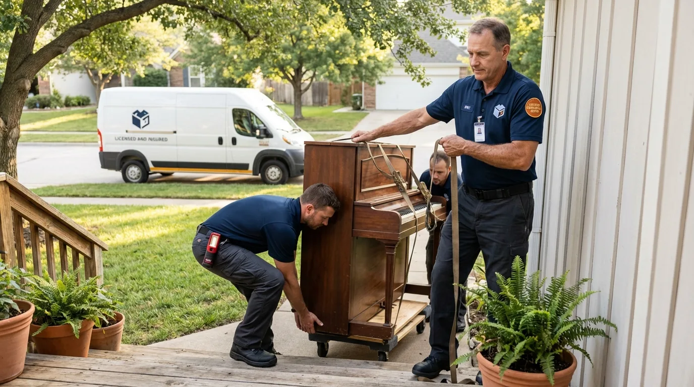 Licensed piano movers securing grand piano in Manchester, MD