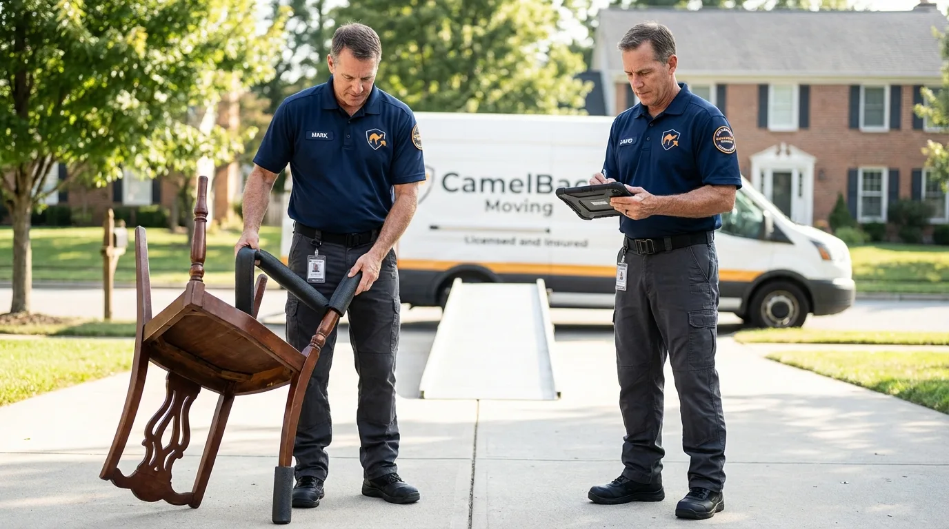 Movers inspecting furniture for damage prevention before loading in Manchester, MD