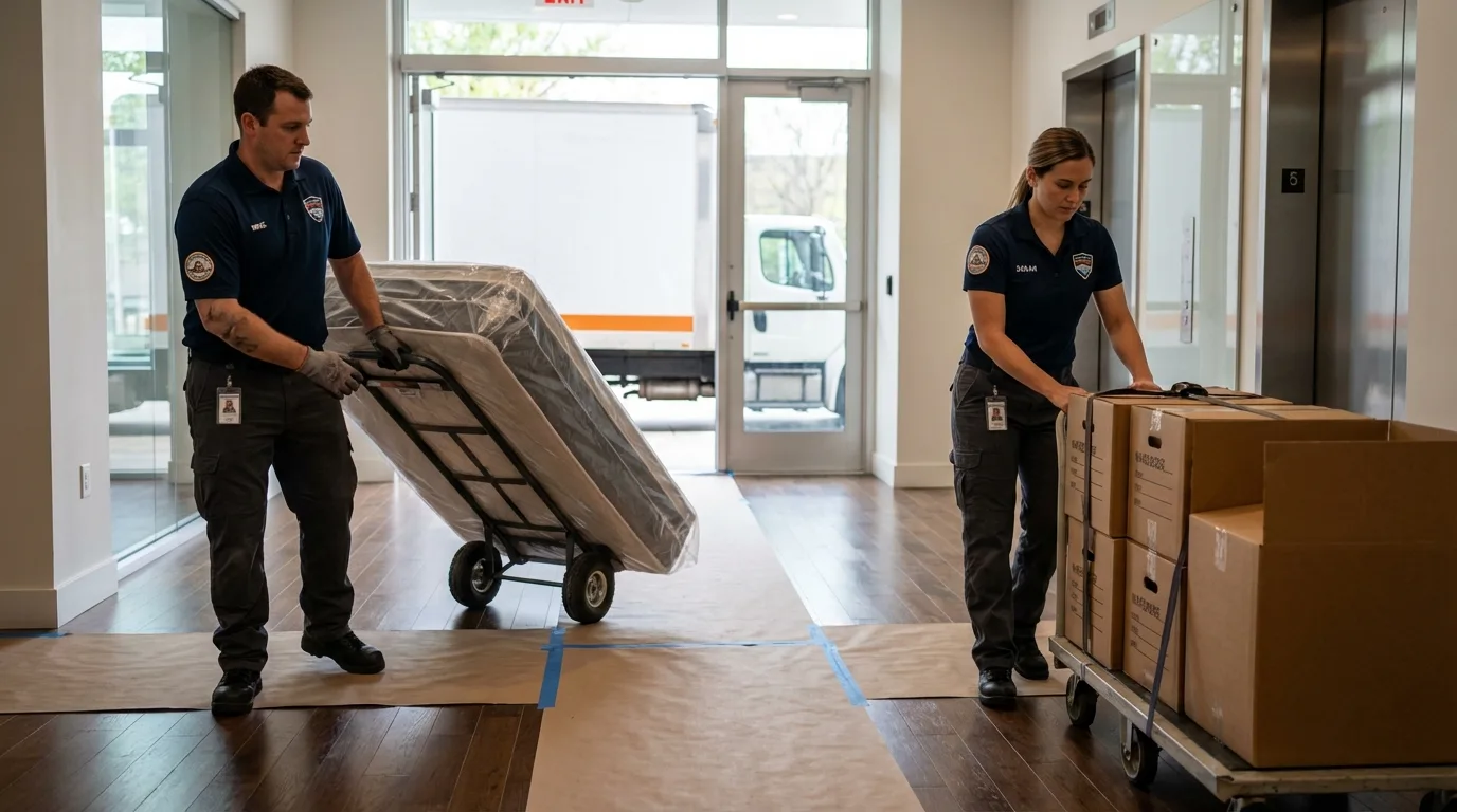 Professional apartment movers loading elevator in Manchester, MD