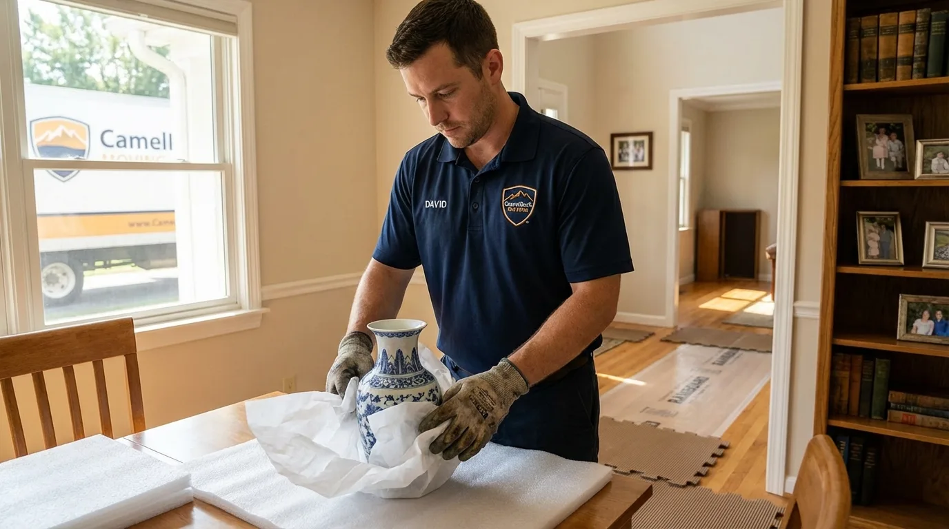 Professional crew carefully wrapping antique vase for senior downsizing move in Manchester, MD